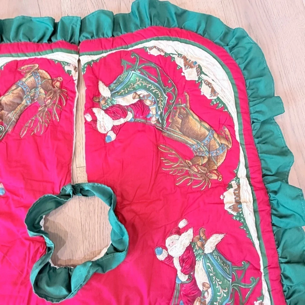 Vintage Christmas Tree Skirt Square 36x34 Santa & Reindeer Ruffles Red Green